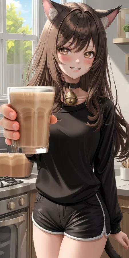 Anime girl with cats ears holding chocolate milk