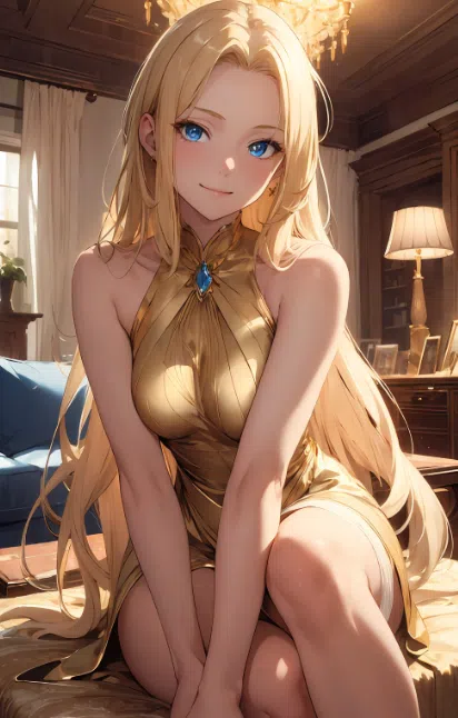 Blonde anime girl with blue eyes in gold dress