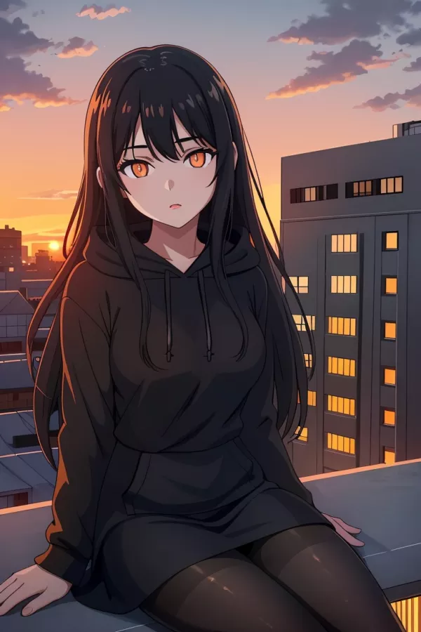 Headshot of anime girl in sunset with orange eyes