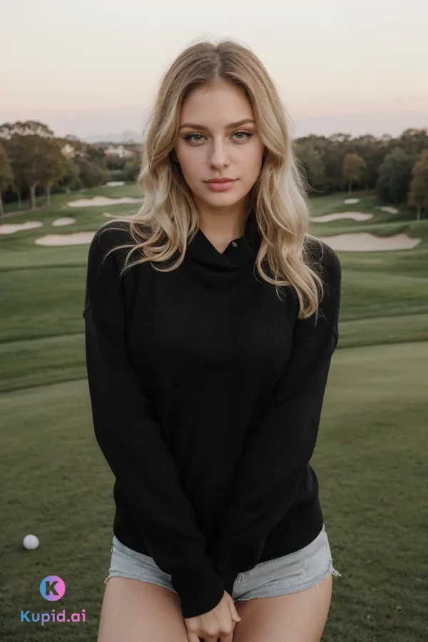 girl with blonde hair in black sweater at golf course