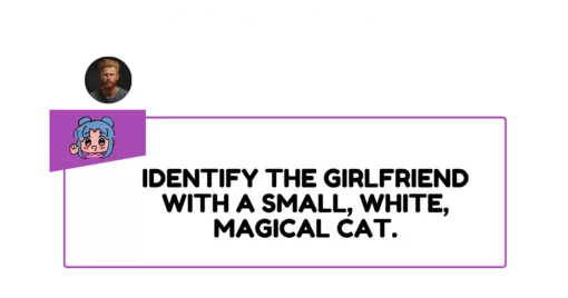 Identify the girlfriend with a small, white, magical cat.