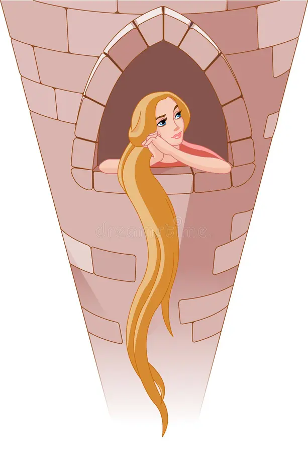 Princess with long hair trapped in tower