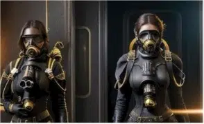 Female space ranger wearing rebreather mask