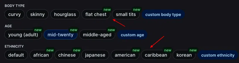 Options on pornjoy.ai with 'new' label