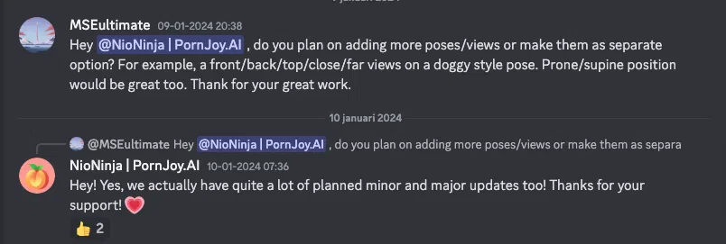 Discord channel feedback from a pornjoy.ai user
