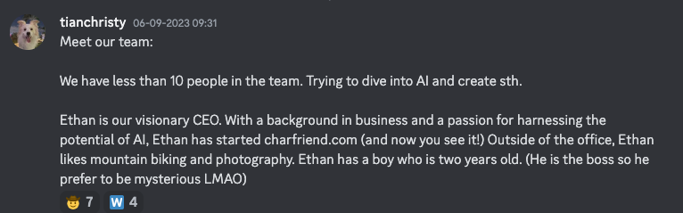 AI CharFriend announcement "who we are" in the Discord Community