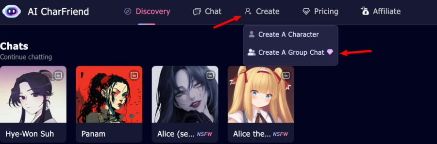 Group chat button on AI CharFriend