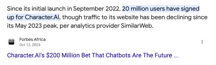 Featured snippet of Forbes Africa: "20 million users have signed up for character.ai".