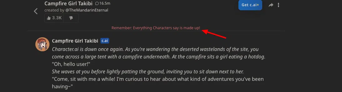 Character AI's notification at the beginning of a chat.