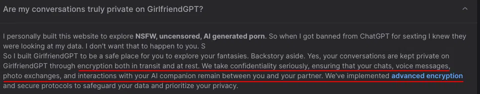 GirlfriendGPT FAQ question about privacy