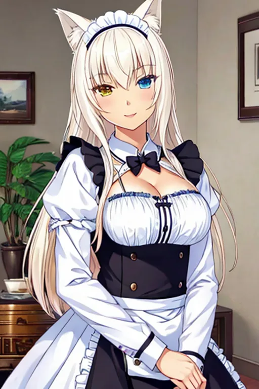 Happy catgirl with white hair in a maid outfit