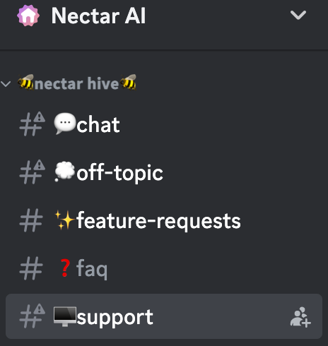 Nectar AI Support channel in Discord