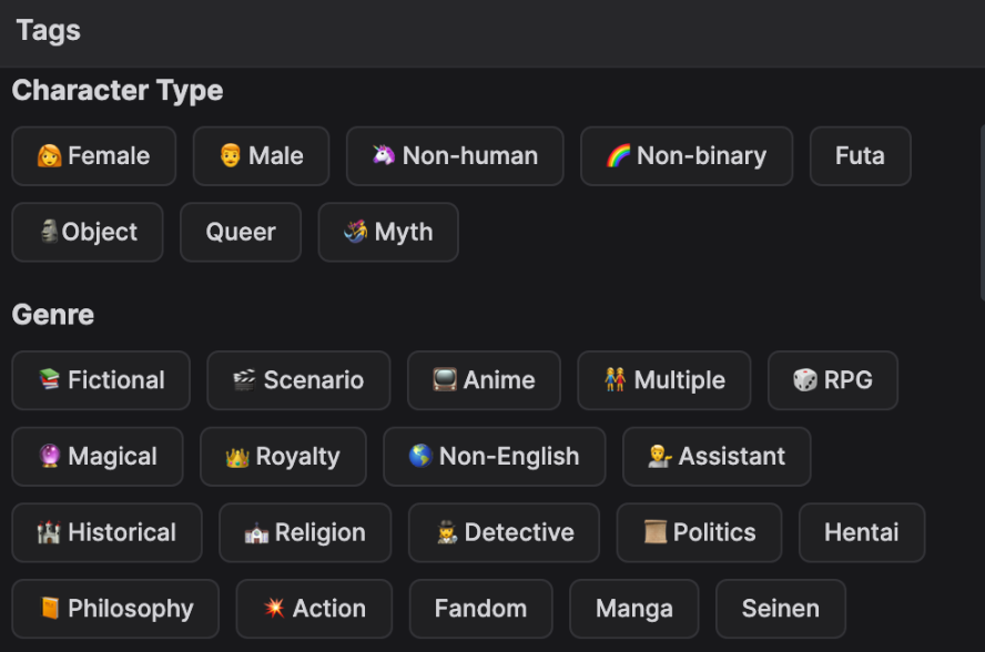 Tags on girlfriendgpt character creation screen